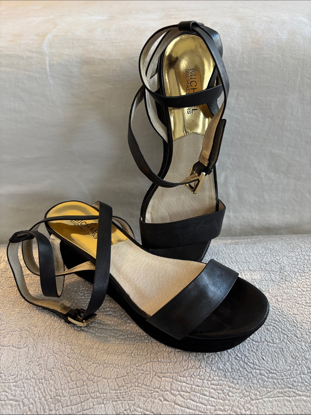 Michael Kors Black Leather Strappy Platform Heels with Gold Insole
